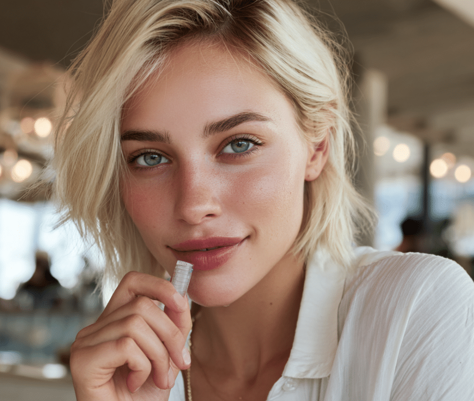 Young woman demonstrates how to use snus correctly by placing a nicotine pouch under her upper lip.