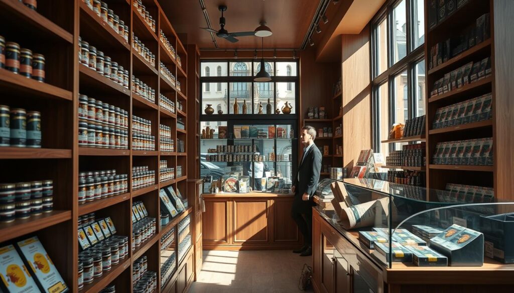 Mann in einem Snus Shop