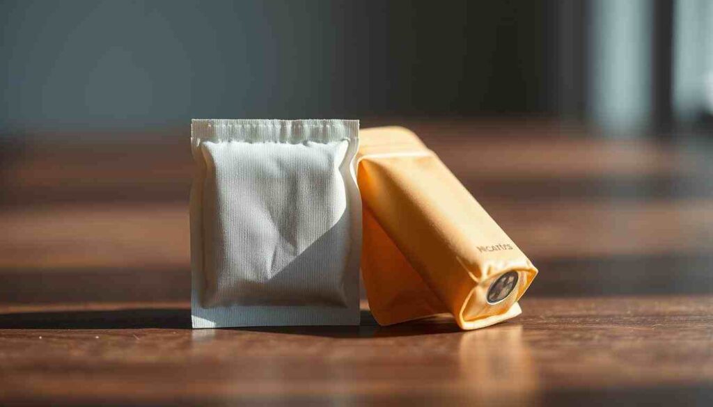 A high-quality close-up of two small, cylindrical snus and nicotine pouches lying side by side on a wooden surface, showing the distinct differences in their appearance and shape. The lighting is soft and natural, emphasising the textures and colours of the products. The image has a clean, minimalist aesthetic with a blurred background that draws attention to the two pouches. Shot with a Sony A7R IV 70mm lens with a polarising filter, resulting in a sharp, detailed and visually appealing representation of the theme „differences between snus and nicotine pouches”.