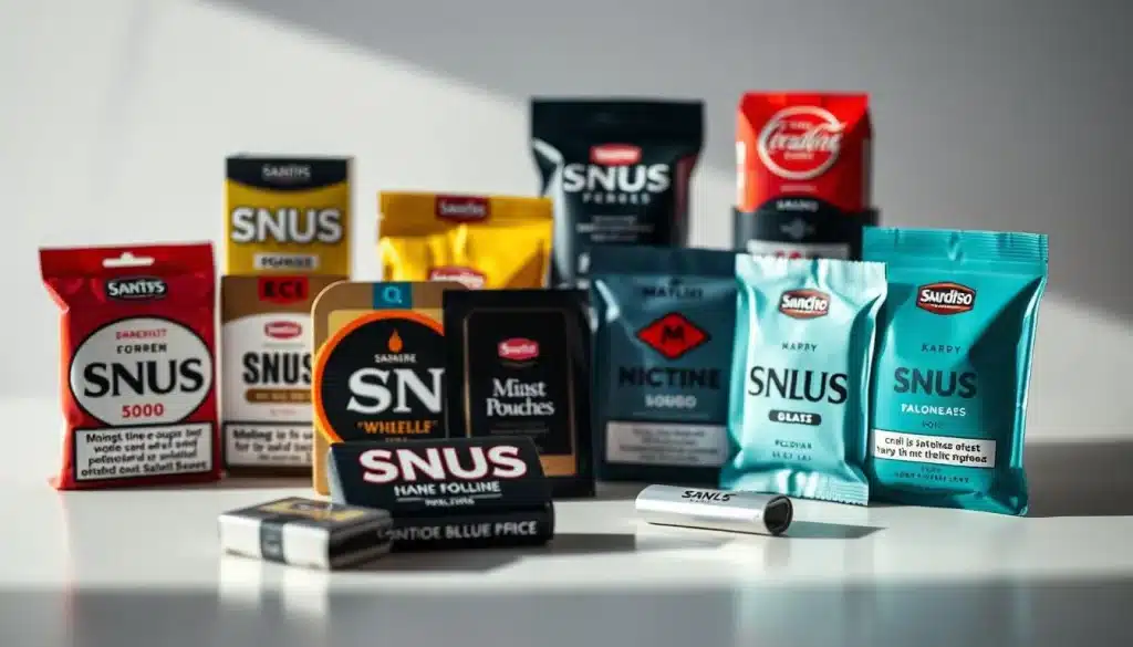 A tastefully lit presentation of popular snus and nicotine pouch brands, showcasing their distinctive packaging and branding. The products are artfully arranged on an elegant, minimalist surface, allowing their visual appeal to take centre stage. The lighting emphasises the depth and texture of the materials, creating a high-quality, aesthetic impression. The scene was captured with a Sony A7R IV with a 70mm lens, using a polarising filter to enhance clarity and contrast. The overall composition conveys a sense of sophistication and attention to detail, reflecting the discerning tastes of Munich's snus and nicotine pouch consumers.