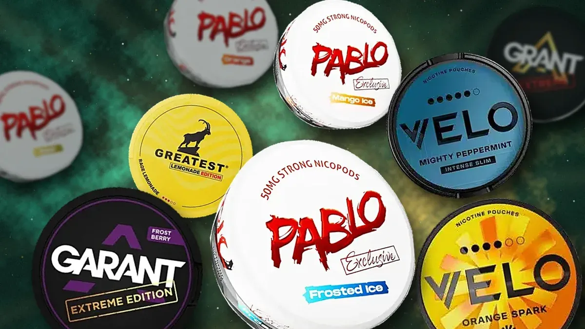 Verschiedene Nikotinbeutel-Dosen von PABLO, VELO, GARANT und GREATEST