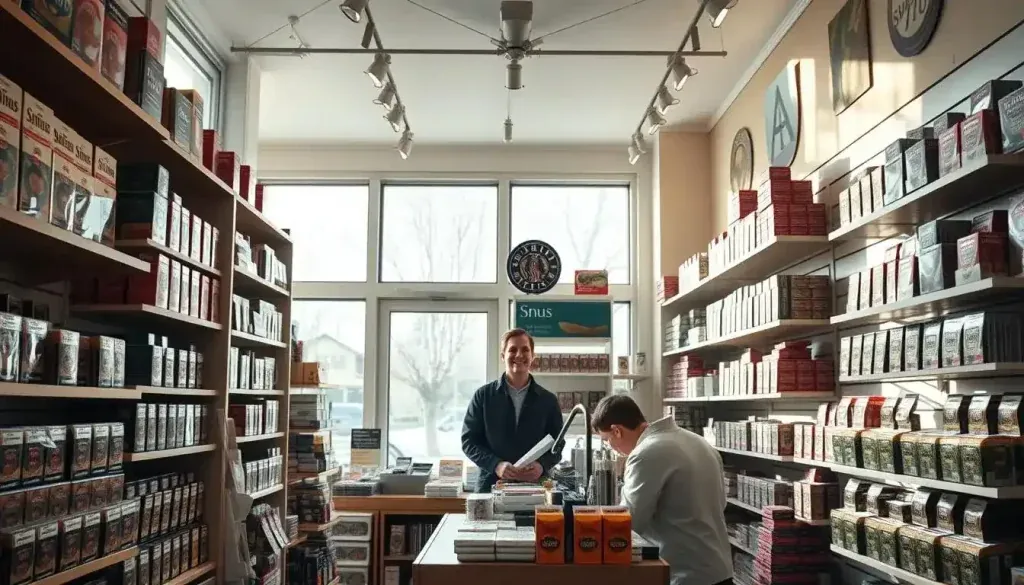 Interior of a snus shop, well lit by natural sunlight streaming in through large windows. Shelves with various snus products, neatly arranged. A friendly shopkeeper stands behind the counter, ready to serve customers. The atmosphere is inviting, with a touch of Scandinavian minimalism. The image captures the convenience and accessibility of buying snus locally and shows a typical neighbourhood snus retailer. Taken with a Sony A7R IV 70 mm, clearly focused, sharply defined, polarising filter, digital photography.