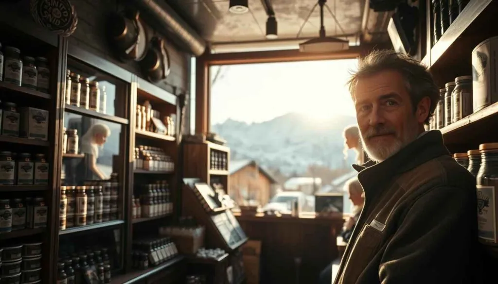 A cosy tobacco shop in the heart of a picturesque Siberian town, its shelves filled with the unmistakable aroma of Siberia Snus. Gentle rays of sunlight stream through the shop's large windows, bathing the carefully curated selection of snuff products in a warm glow. In the foreground, a knowledgeable shopkeeper stands ready to serve customers, his eyes conveying a genuine passion for his craft. In the middle ground, the shop's elegant interior is revealed, with wooden furnishings and subtle, Scandinavian-inspired décor. In the background, a snow-capped mountain range rises majestically, hinting at the rugged beauty of the Siberian landscape beyond. This image captures the essence of the local snus experience and invites the viewer to immerse themselves in a world of tradition and quality.
