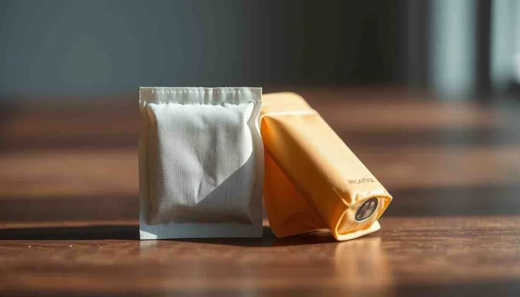 Eine hochwertige Nahaufnahme von zwei kleinen, zylindrischen Snus- und Nikotinbeuteln, die nebeneinander auf einer Holzoberfläche liegen und die deutlichen Unterschiede in ihrem Aussehen und ihrer Form zeigen. Die Beleuchtung ist weich und natürlich und betont die Texturen und Farben der Produkte. Das Bild hat eine klare, minimalistische Ästhetik mit einem unscharfen Hintergrund, der den Fokus auf die beiden Beutel lenkt. Aufgenommen mit einer Sony A7R IV 70-mm-Linse mit Polarisationsfilter, was zu einer scharfen, detailreichen und visuell ansprechenden Darstellung des Themas „Unterschiede zwischen Snus und Nikotinbeuteln” führt.